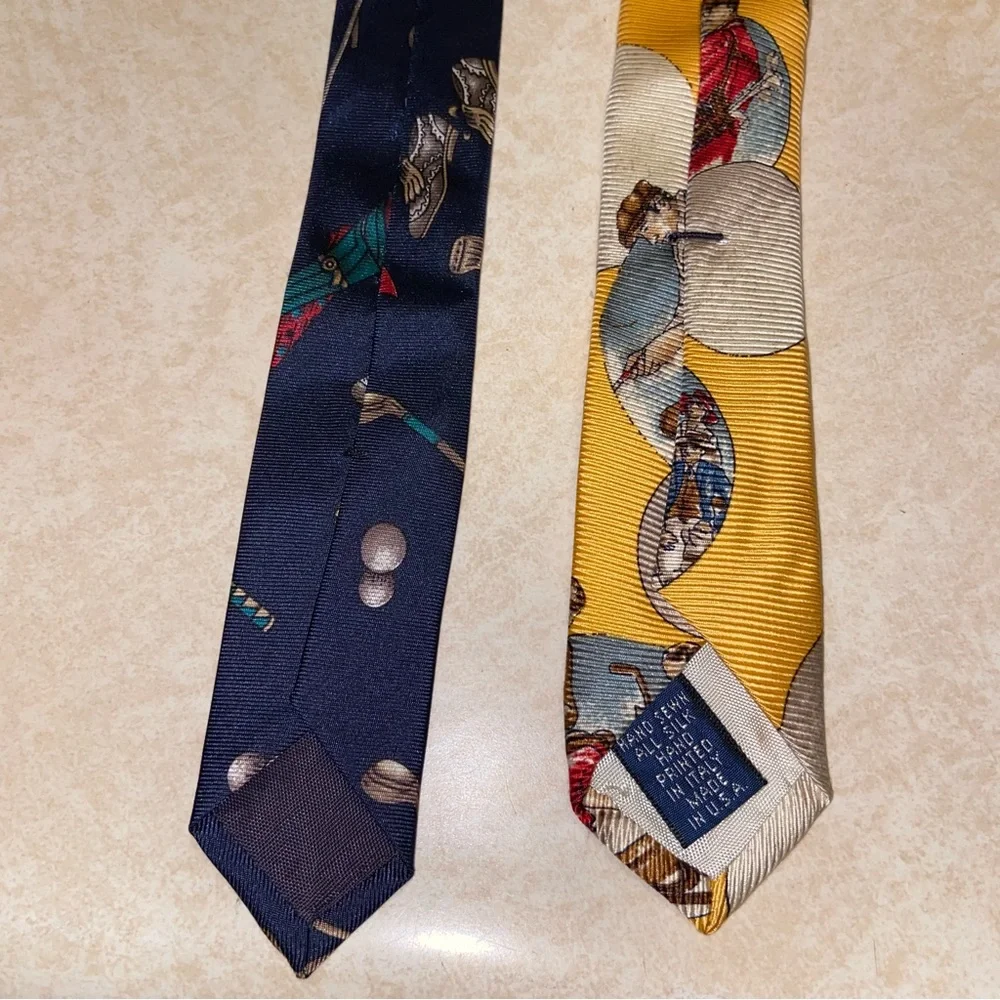 Vintage Prestige Jos. A. Bank Lot of 2 100% Silk Neck Ties USA Made Golf Golfing